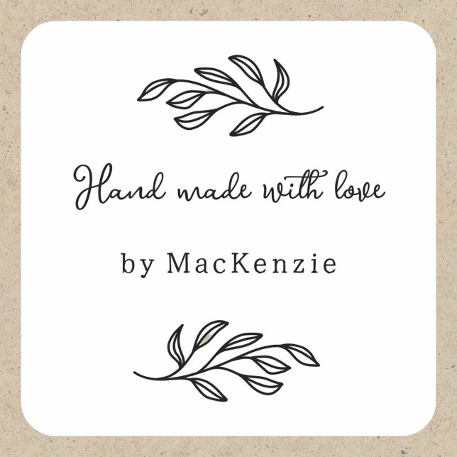 Hand Made With Love Personalized Botanical Leaf  Quadratischer Aufkleber (Personalized hand made with love botanical leaf line art stickers for small business makers)