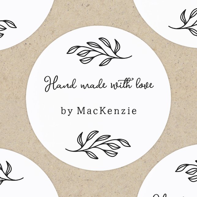 Hand Made With Love Personalized Botanical Leaf  Runder Aufkleber (Personalized hand made with love botanical leaf line art stickers for small business makers)