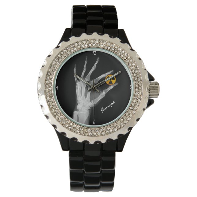 Hand mit einem Radiationssymbol Armbanduhr (Vorderseite)