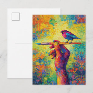 Hand mit Pinsel und kreativem Vogel Postkarte