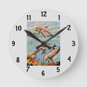 Hand Painted By Number   Playful Dolphins   Runde Wanduhr