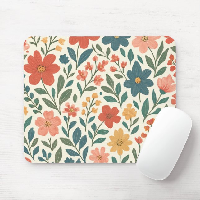 Hand-Painted Floral Pattern – Colorful Botanical  Mousepad (Mit Mouse)
