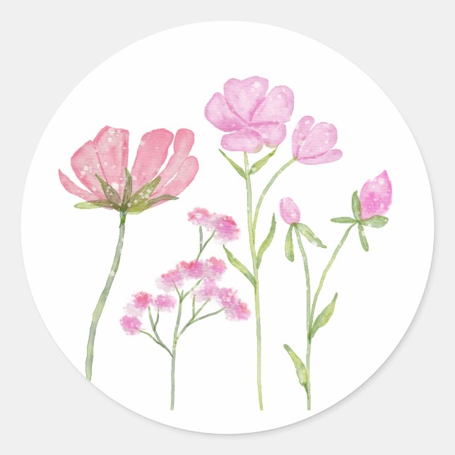 Hand-Painted Pink Wildflowers Illustration Runder Aufkleber (Vorderseite)