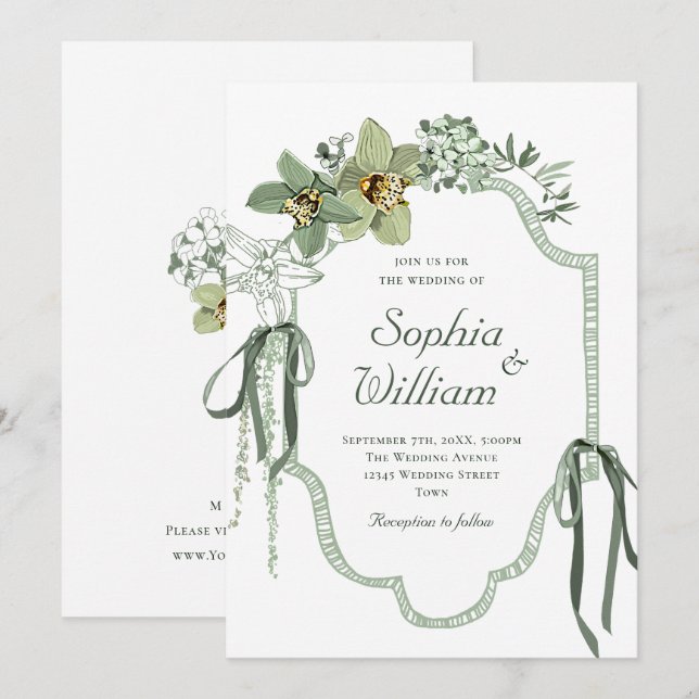 Hand Painted Sage Green Orchids Wedding Invitation Einladung (Vorne/Hinten)