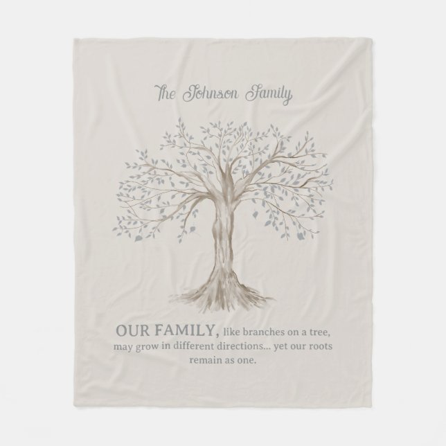 Hand Painted Tree Custom Family Quote Gray Beige Fleecedecke (Vorderseite)