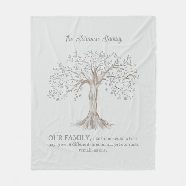 Hand Painted Tree Custom Family Quote Light Gray Fleecedecke (Vorderseite)