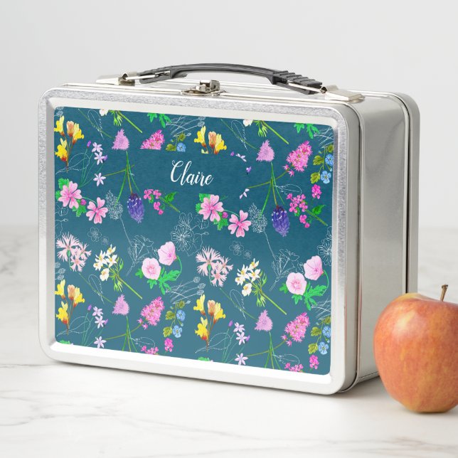 Hand-painted watercolour flowers on a deep blue metall brotdose (Beispiel)