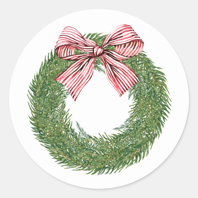 Hand Painted Winter Pine Wreath Striped Red Bow Runder Aufkleber (Vorderseite)
