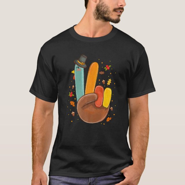 Hand Peace Sign Turkey Pilgrim Hat Cool Retro Than T-Shirt (Vorderseite)