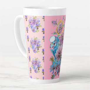 Hand Pink Blue Budgie Blumenblume Latte Tasse