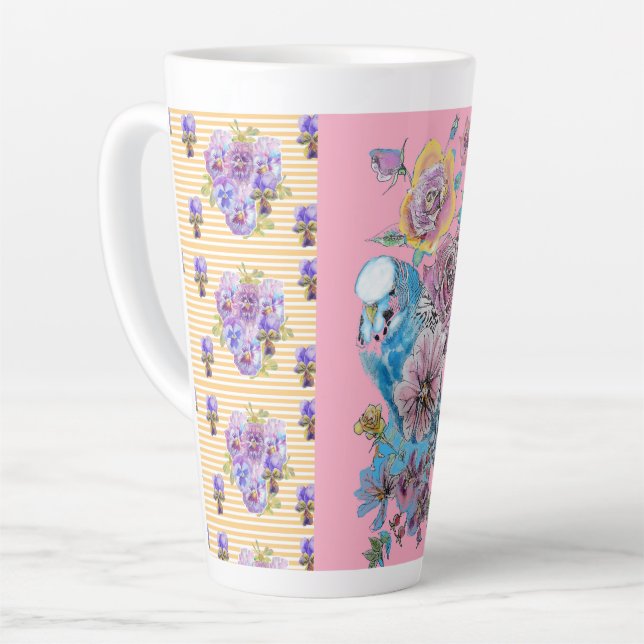 Hand Pink Blue Budgie Blumenblume Latte Tasse (Linke Ecke)