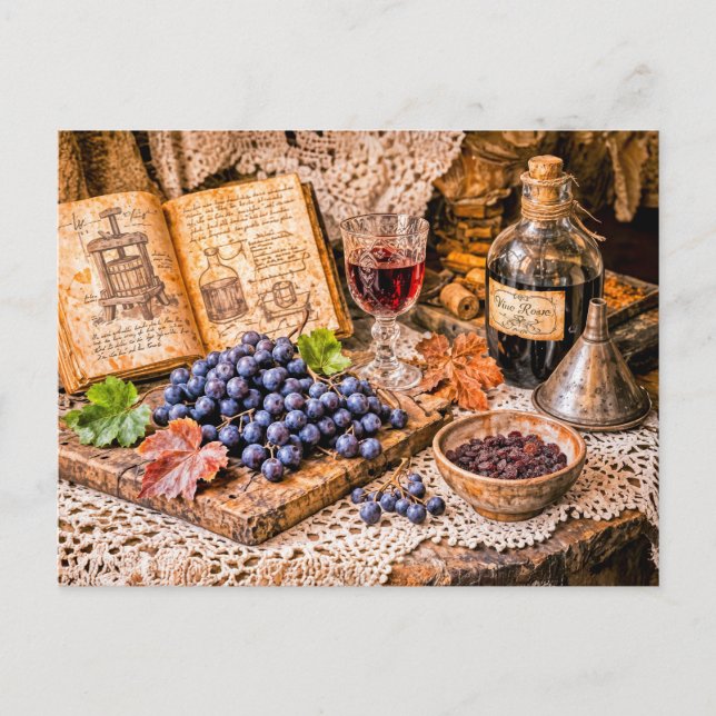 Hand‑Pressed Traditional Wine with Grapes and Vint Postkarte (Vorderseite)