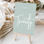 Hand-Skripte der blauen Seite zwanzigjährig Tischnummer<br><div class="desc">Einfache und schicke Tischnummer-Karten in Pale Sage Green und Weiß machen eine elegante Aussage bei Ihrer Hochzeit oder Veranstaltung. Das Design bietet "table [number]" in einem spannenden Mix aus klassischen Serifen und handgeschriebenen Skripten. Design wiederholt sich auf beiden Seiten. Einzelne nummerierte Karten werden separat verkauft; bestellen Sie jede Tischnummer einzeln...</div>