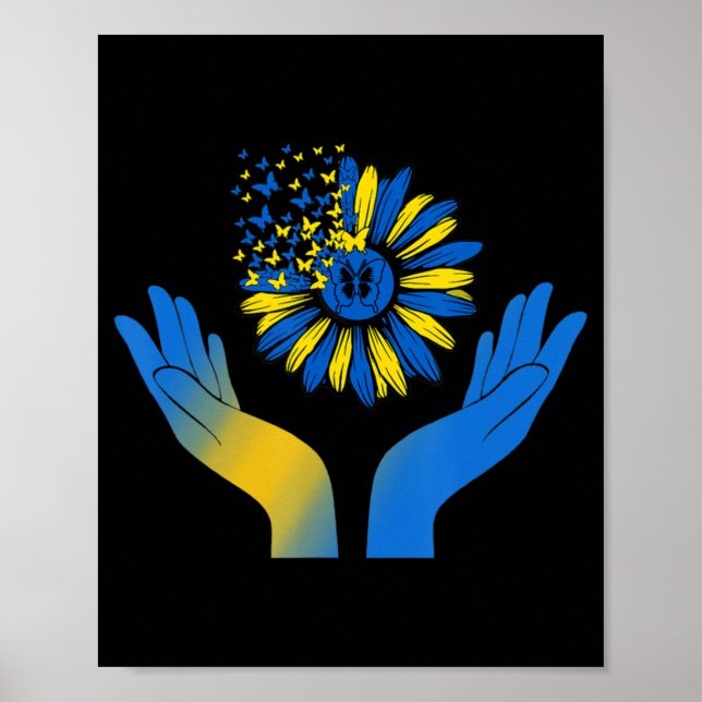 Hand Sonnenblumen Schmetterling Ukrainische Fahne  Poster (Vorne)