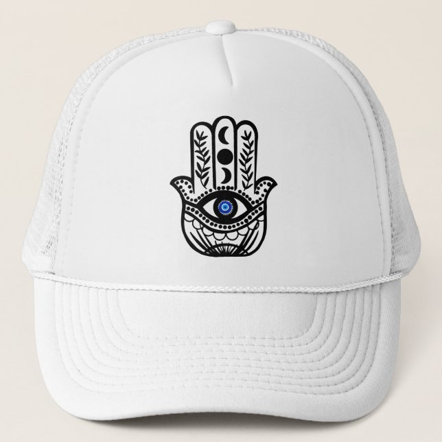 Hand von Hamsa Fatima Evil Eye Truckerkappe (Vorderseite)