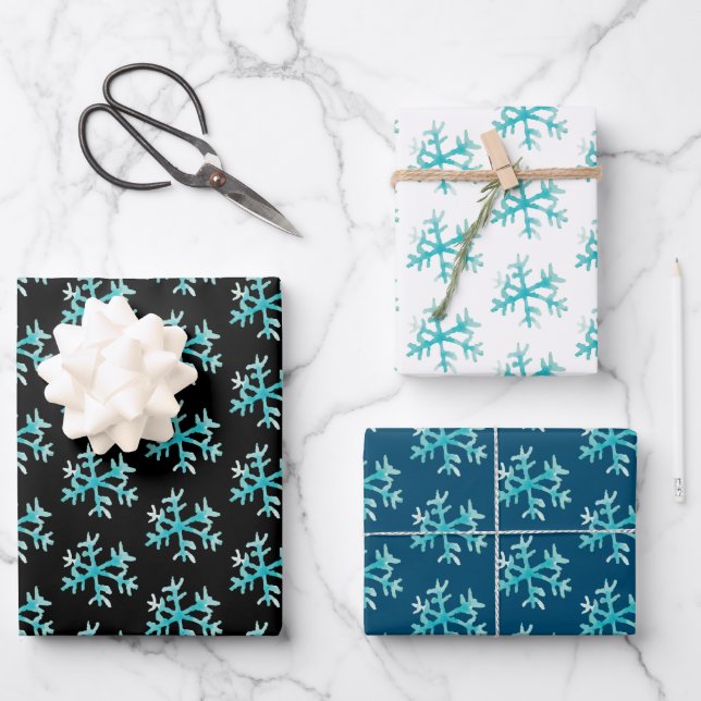 Hand Watercolor Blue Snowflakes Weihnachten Geschenkpapier Set (Vorderseite)