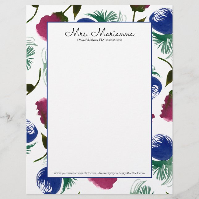 Hand Watercolor Burgandy Blumenmuster Briefbogen (Vorderseite)