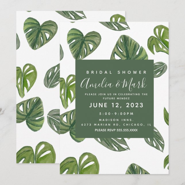 Hand Watercolor Monstera Adansonii Leaf Bridal Einladung (Vorne/Hinten)