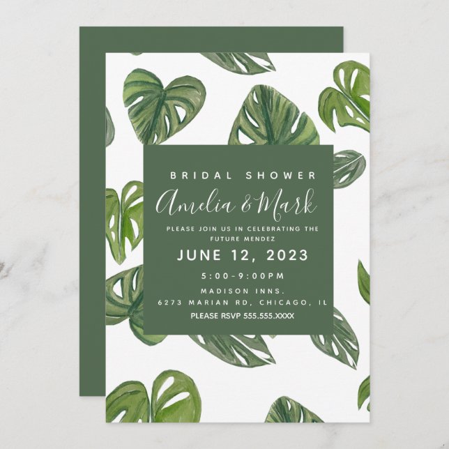 Hand Watercolor Monstera Adansonii Leaf Bridal Einladung (Vorne/Hinten)