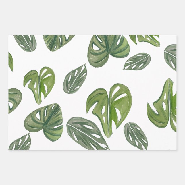 Hand Watercolor Monstera Adansonii Leaf Bridal Geschenkpapier Set (Vorderseite)