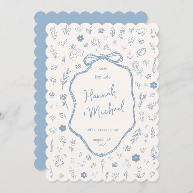Hand Written Drawn Blue Flowers Winter Wedding Save The Date (Vorne/Hinten)