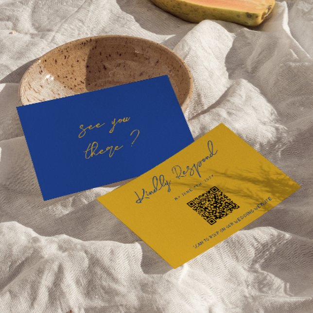 Hand Written Yellow Blue Italian QR Code Wedding RSVP Karte (Von Creator hochgeladen)