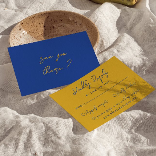Hand Written Yellow Blue Italian Retro Wedding  RSVP Karte (Von Creator hochgeladen)