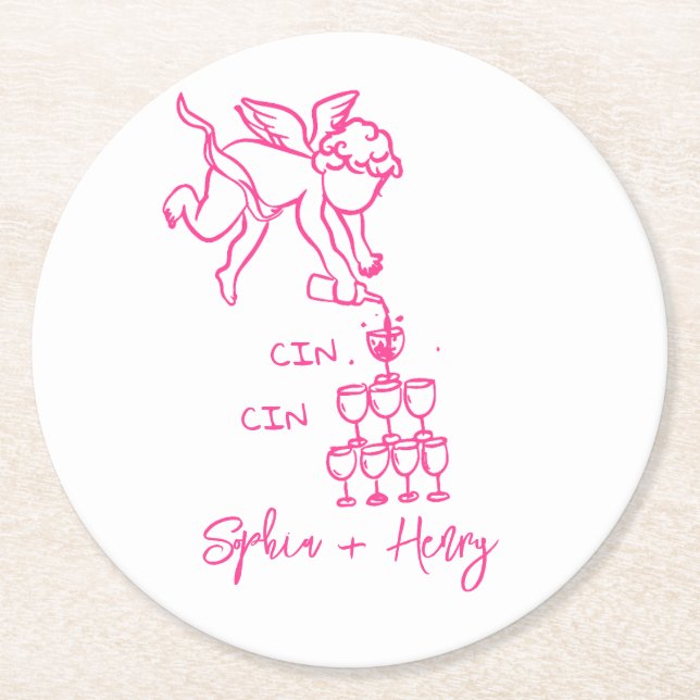 Hand zeichn Cin Cherub Whimsical Wedding Napkin Runder Pappuntersetzer (Vorderseite)