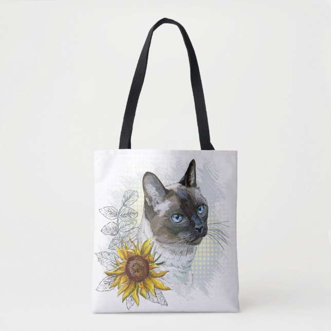 Hand zeichne lustige niedliche Thai Katze mit Blum (Vorderseite)