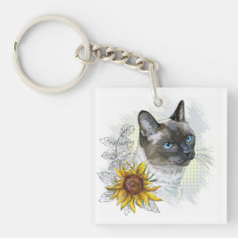 Hand zeichne lustige niedliche Thai Katze mit Blum Schlüsselanhänger