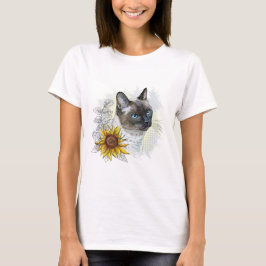 Hand zeichne lustige niedliche Thai Katze mit Blum T-Shirt