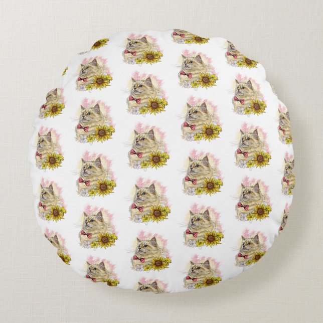 Hand zeichne lustige Red Ragdoll Katze mit Blume Rundes Kissen (Vorderseite)