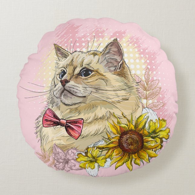 Hand zeichne lustige Red Ragdoll Katze mit Blume Rundes Kissen (Vorderseite)