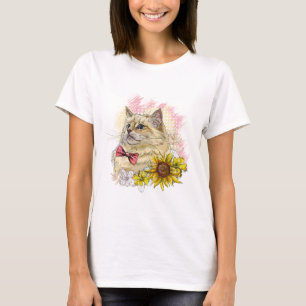 Hand zeichne lustige Red Ragdoll Katze mit Blume T-Shirt
