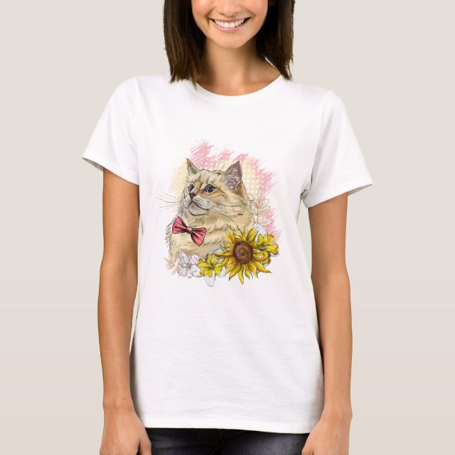 Hand zeichne lustige Red Ragdoll Katze mit Blume T-Shirt (Vorderseite)