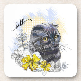 Hand zeichne lustige Schwarzbrikkatze mit Blume Getränkeuntersetzer