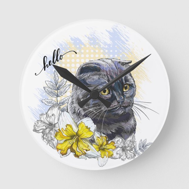 Hand zeichne lustige Schwarzbrikkatze mit Blume Runde Wanduhr (Vorderseite)
