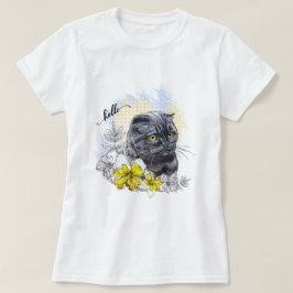 Hand zeichne lustige Schwarzbrikkatze mit Blume T-Shirt