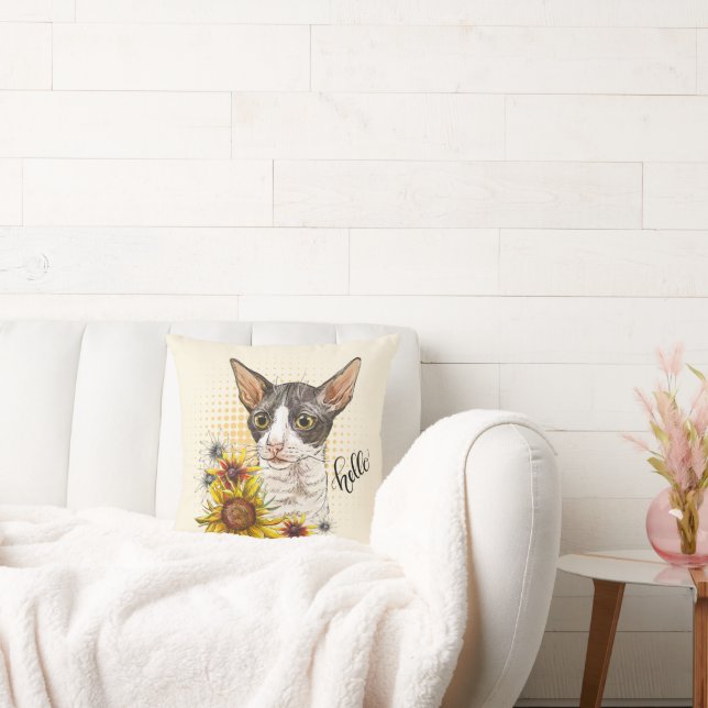 Hand zeichnend Cornish Rex Katze mit Sonnenblumen Kissen (Liege)