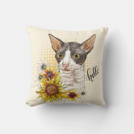 Hand zeichnend Cornish Rex Katze mit Sonnenblumen Kissen