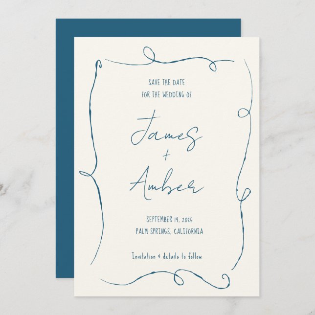 Hand zeichnend Linien aquamarine blaue QR Code Hoc Save The Date (Vorne/Hinten)