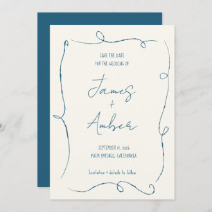 Hand zeichnend Linien aquamarine blaue QR Code Hoc Save The Date