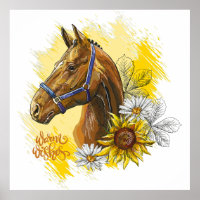 Hand zeichnend Pferd mit Pflanze und Blume werfen