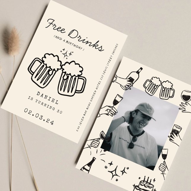 Hand zeichnend Quirky FunnyFree Drinks 30. Geburts Einladung (Von Creator hochgeladen)