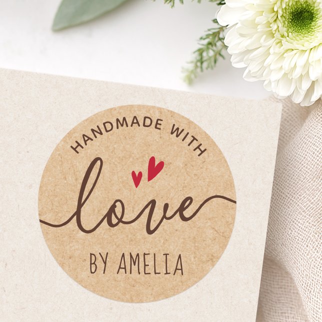 Handarbeit mit Liebe individuelle Name Kraft Papie Runder Aufkleber (Handmade with love custom name Kraft paper look Classic Round Sticker)