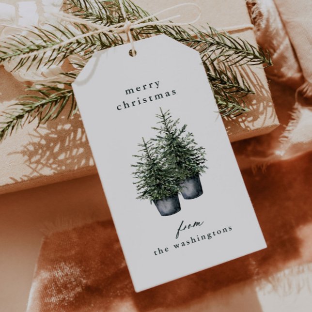Handbemalte getopfte Weihnachtsbäume Feiertage  Geschenkanhänger (Elegant hand painted potted Christmas trees holiday gift tags.)