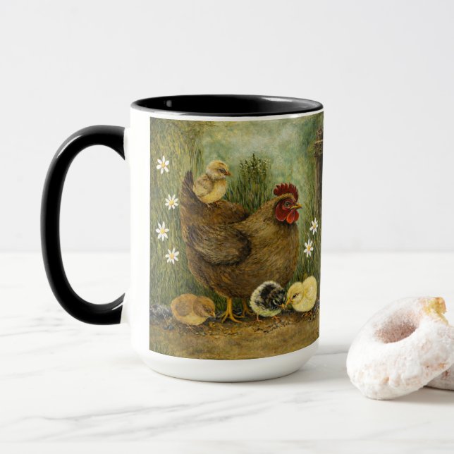 Handbemalte Huhn & Küken und Hahn-Tasse Tasse (Mit Donut)