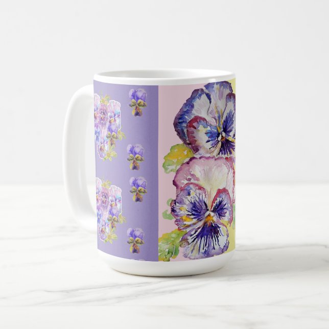 Handbemalte lila Stiefmütterchen Blumen Latte-Mug Kaffeetasse (Vorderseite Links)