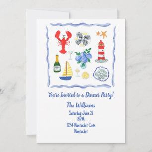 Handbemalte Nantucket Dinnerparty im Thema Nantuck Einladung