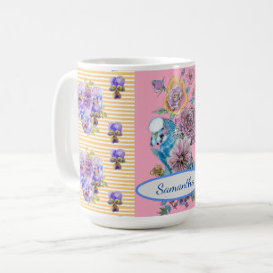 Handbemalte rosa blaue Wellensittich-Blumen-Tasse Kaffeetasse